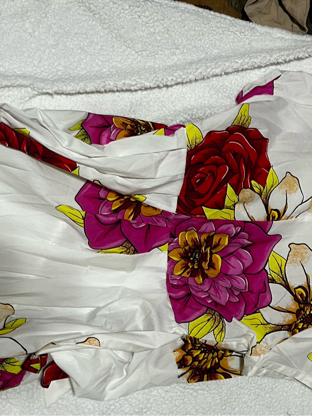 New York & Company White Button Down Shirt with Pink and Red Floral Print